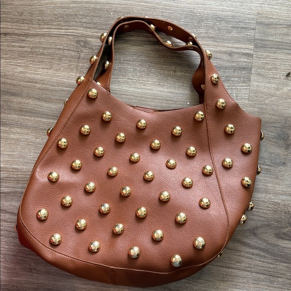 JLN Anthropologie BROWN/GOLD THE SONIA MEDIUM SLOUCHED STUDDED BAG - Picture 8 of 9